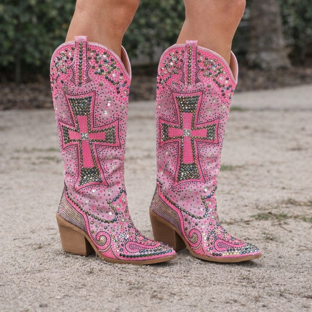 Pink Rhinestone Embellished Women's Boots - Picture 3 of 6